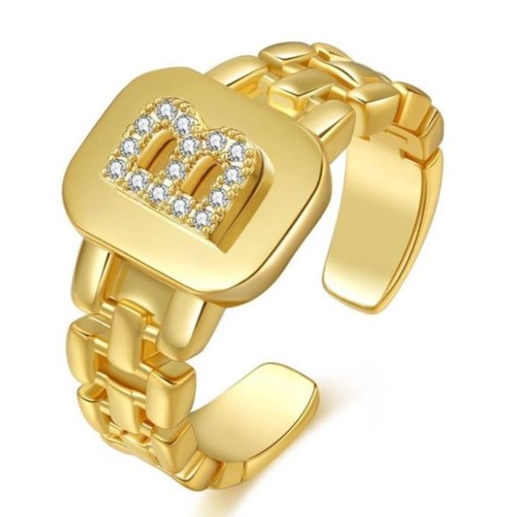 Letter B 18K Gold Plated Stainless Steel Watchband Zircon Adjustable Ring - Picture 5 of 5